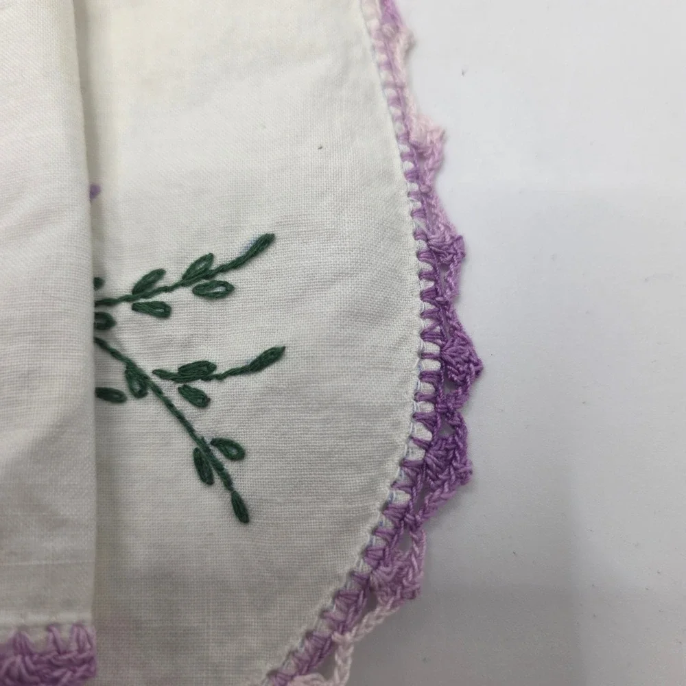 Vintage Hand Embroidered Dresser Scarf Purple Orchid Crochet Edge Table Runner